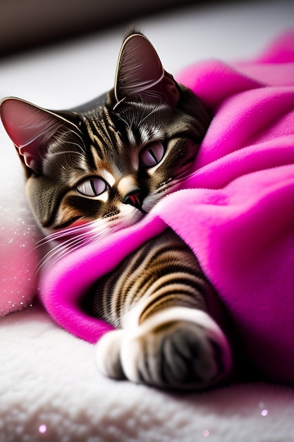 British shorthair is wearing a pink sequin jacket and the cat is sleeping on the snowy carpet