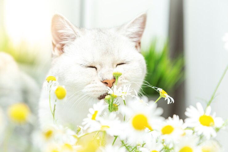 Photo カモミールの花束とブリティッシュショートヘアの銀猫。夏と休日のコンセプト。