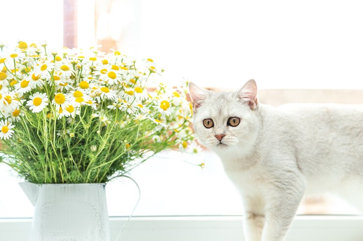 Photo カモミールの花束とブリティッシュショートヘアの銀猫。夏と休日のコンセプト。