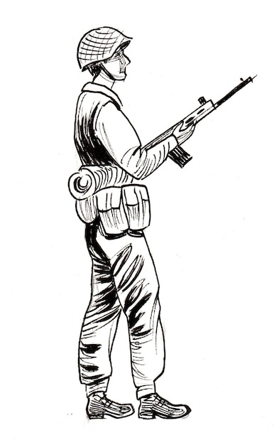 Photo british soldier with automatic rifle. ink black and white drawing