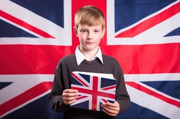 British student in school uniform stands with open book with flag of great britain in background