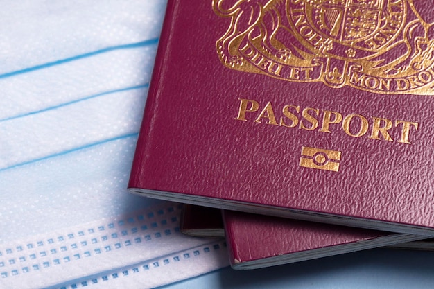 British travel passport with a protective face mask coronavirus travel concept