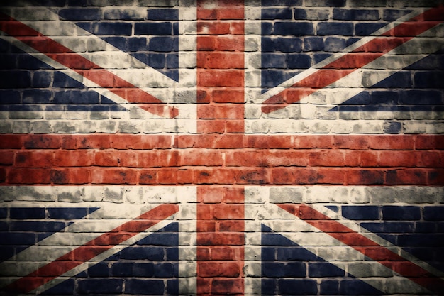 British Union flag on a brick wall with grunge old brick texture national flag of great britain