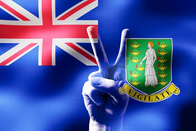 British virgin islands two fingers showing peace sign and national flag