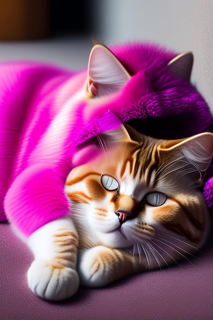 Brits korthaar draagt een roze paillettenjasje en de kat slaapt op het besneeuwde tapijt
