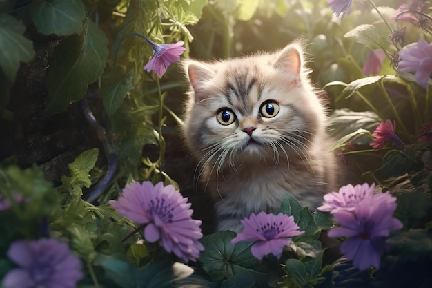 Brits korthaar kat is in de tuin met prachtige paarse bloemen Pet Animals Generative AI