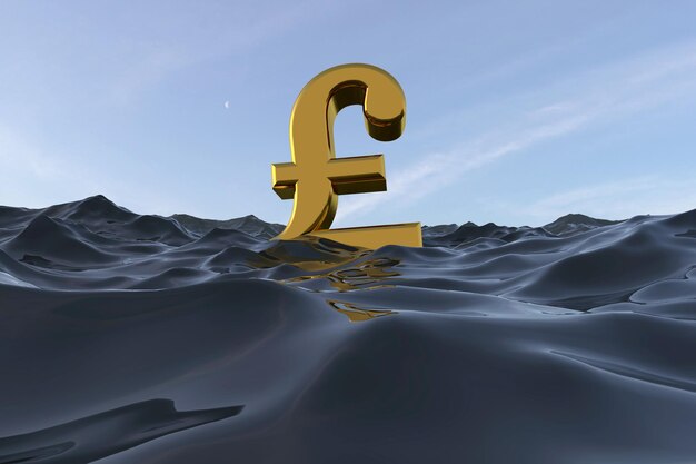 Brits pond sterling symbool op zee Verdrinking in schuld financieel probleem concept 3D-rendering