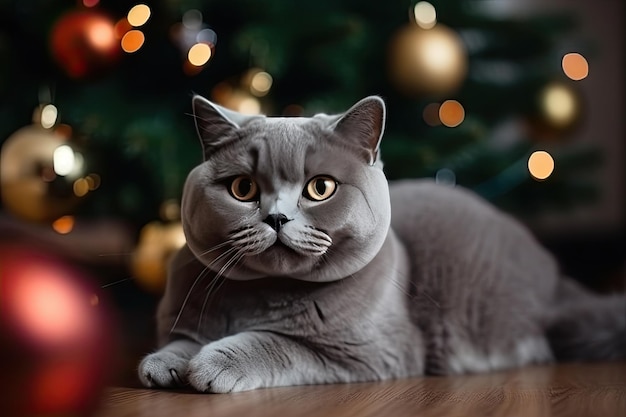 Britse kat ligt bij kerstboom met krans Generatieve AI