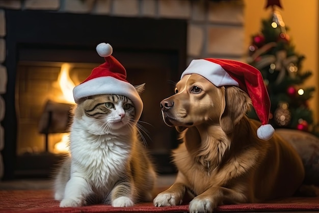 Britse kat ligt bij kerstboom met krans Generatieve AI