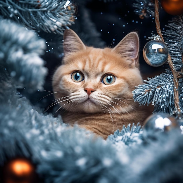 Britse kat Shorthair en kerstboom