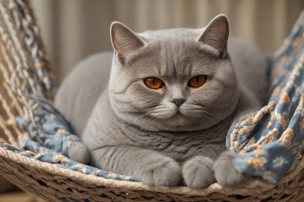 Britse kortharige kat met zonnebril ligt in een hangmat close-up