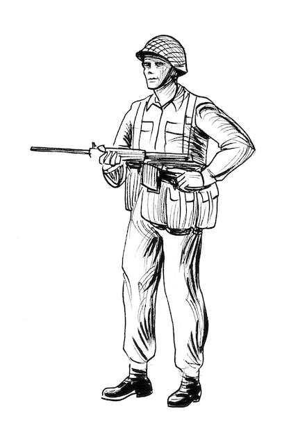 Britse soldaat met automatisch geweer. Inkt zwart-wit tekening