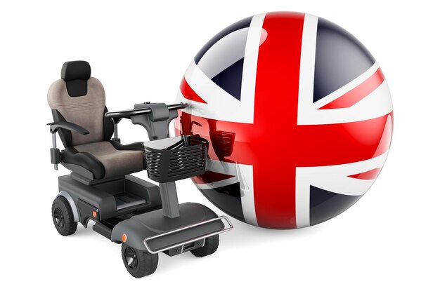 Britse vlag met indoor powerchair of elektrische rolstoel 3D-rendering geïsoleerd op een witte achtergrond