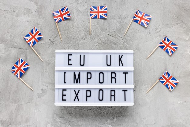 Britse vlaggen en tekst EU UK IMPORT EXPORT