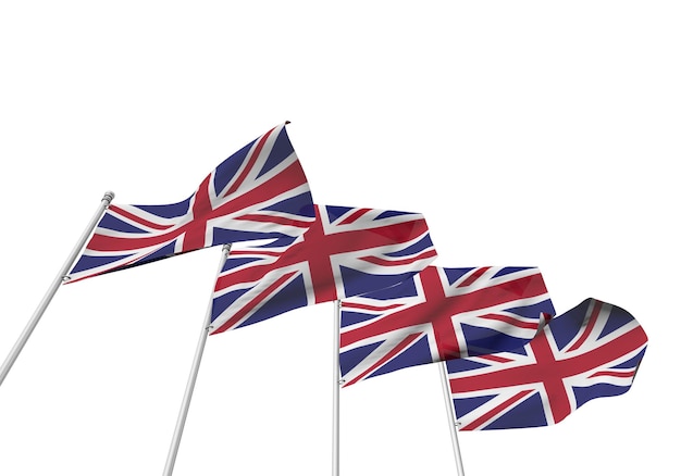 Britse vlaggen op een rij met een witte achtergrond 3D-rendering