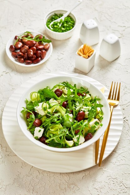 Broad bean feta cheese rocket and cucumber salad