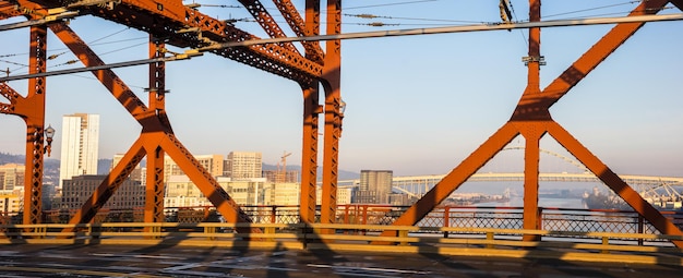 The Broadway Bridge in Portland painted red