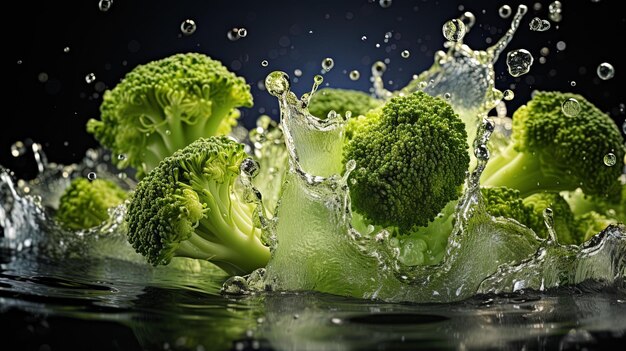 broccoli being splashed in the water with a splash of water