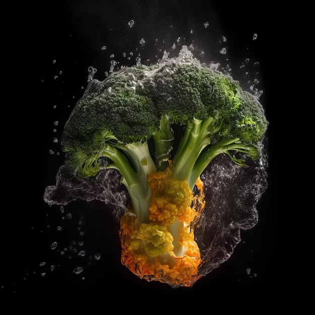 Broccoli in the clash of water and fire on black background