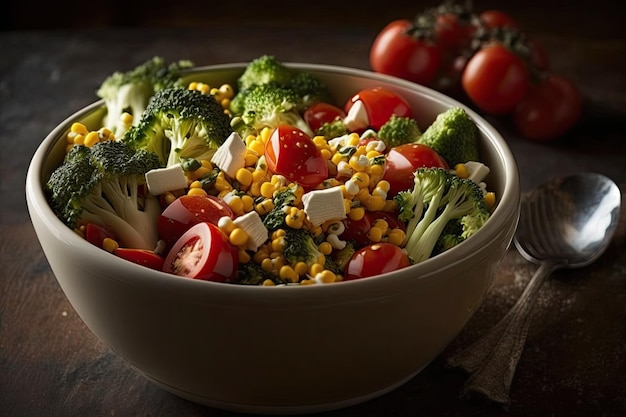 Broccoli corn and tomato salad in a bowl