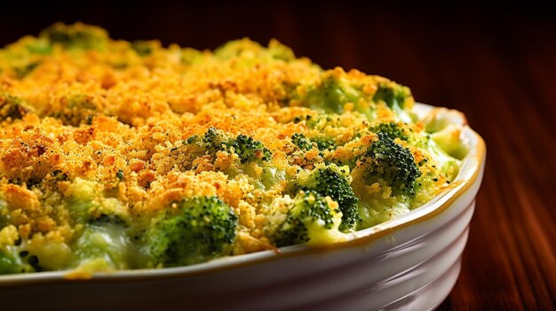 Broccoli egg cheese casserole in baking dish on concrete background generative ai