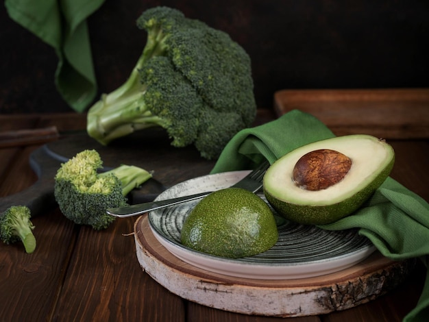 Broccoli en avocado op een houten server een groen servet en een bord Groene groenten