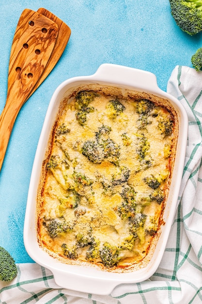 Broccoli gratin in a baking dish, top view.