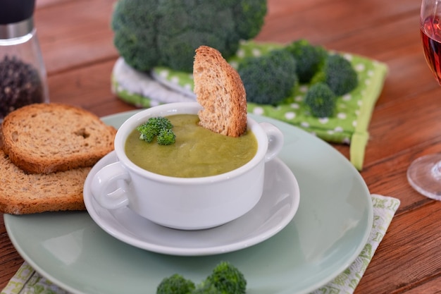 Broccoli A green cream soup of broccoli with croutons for a healthy eating without calories