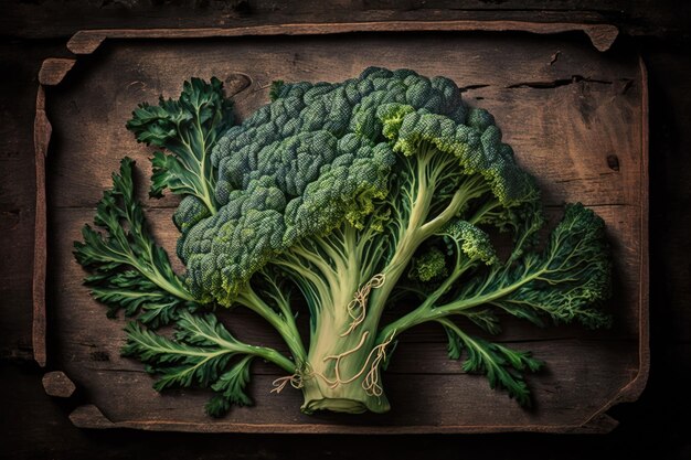 Broccoli greens on a wooden