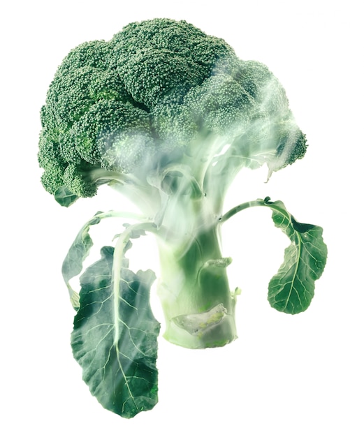 Broccoli hoofd omhult rook stoom geïsoleerd wit.