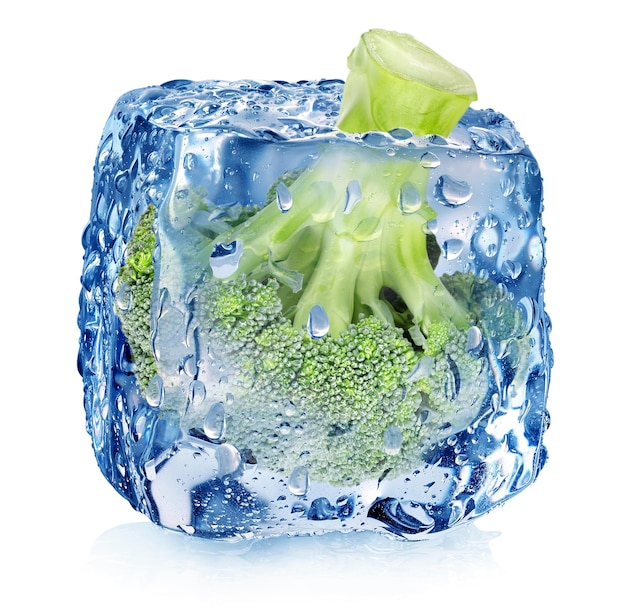 Broccoli in ice cube isolated on white