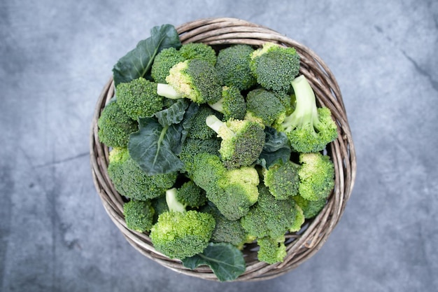 Broccoli inflorescences in the basket top view Green fresh cabbage