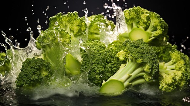 broccoli is being splashed with water on a black background