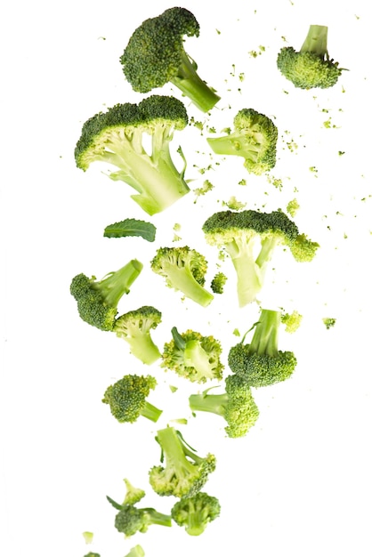 Modello di broccoli isolato su uno sfondo bianco. varie parti multiple di fiori di broccoli.