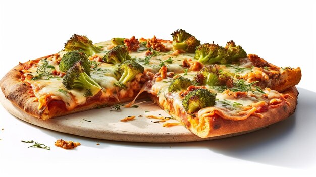 A broccoli pizza isolated on white background