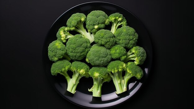 Broccoli on the plate on a black background top view