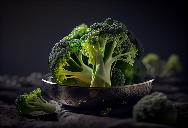 Broccoli su tagliere rotondo con luce naturale a sinistra in umore scuro ai generato