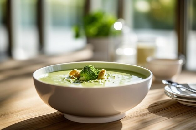 Broccoli Soup on white ceramic bowl on wooden table