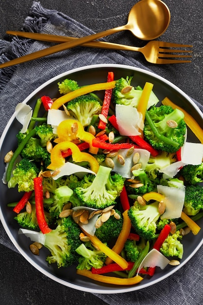 Broccoli sweet pepper green beans salad on a plate