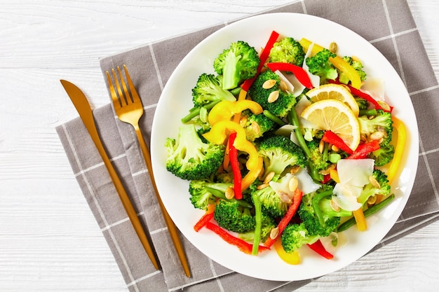 Broccoli sweet pepper green beans salad on a plate