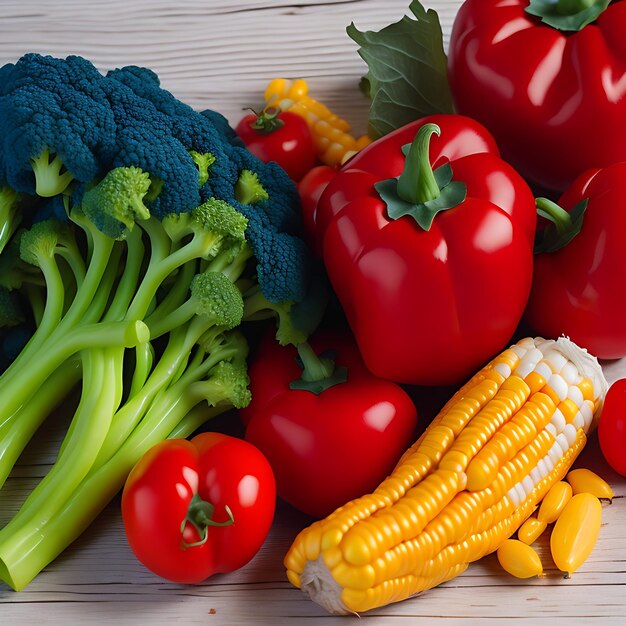 Broccoli tomatoes cabbage peppers corn wooden background