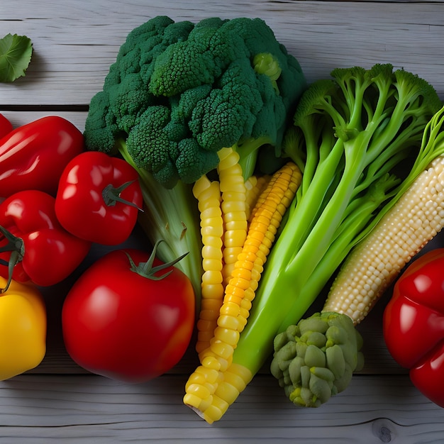 Broccoli tomatoes cabbage peppers corn wooden background