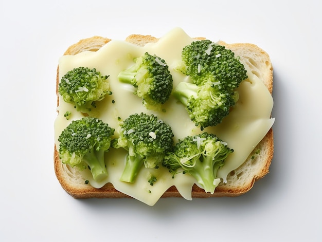 Broccolistukjes op een rechthoekig sneetje brood uitgesmeerd met avocadocrème gegenereerd ai