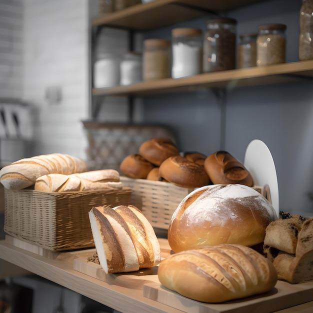 Broden versgebakken brood in de schappen van bakhuis AI gegenereerd