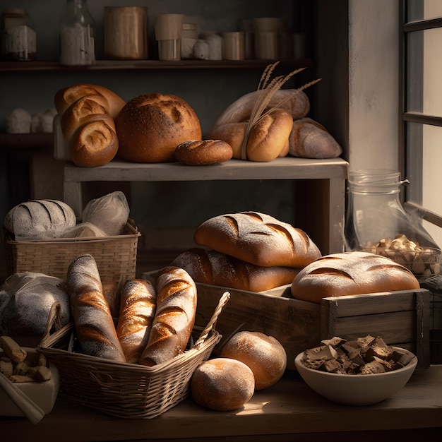 Broden versgebakken brood in de schappen van bakhuis AI gegenereerd