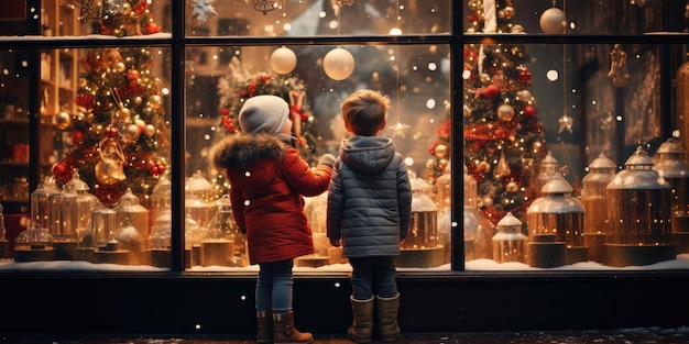 broer en zus kijken uit het raam van een winkel met nieuwjaarsspeelgoed Christmas Generative AI