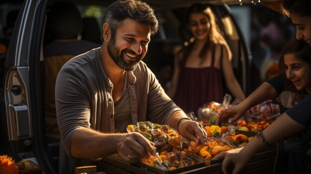 Foto broer en zussen laden diwali-cadeaus uit de auto