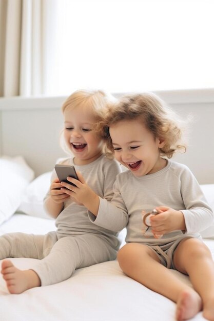 Foto broers en zussen in slaapkleding spelen een spel op een moderne mobiele telefoon terwijl ze samen op een comfortabel bed zitten.