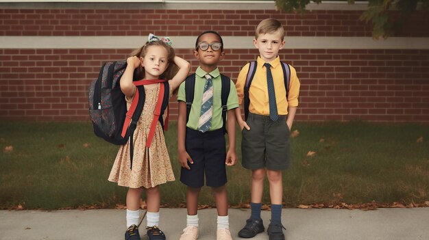 Foto broers en zussen poseren voor terug naar schoolfoto