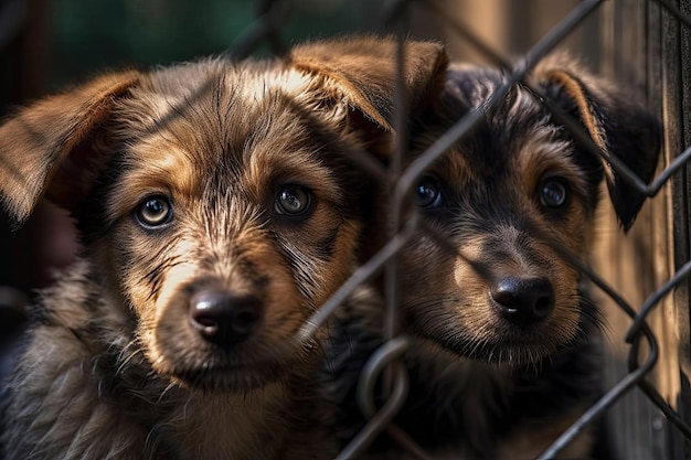 Broers van een lieve geredde hondenpup wachten op een metgezel achter de kennel in Zuid-Italië